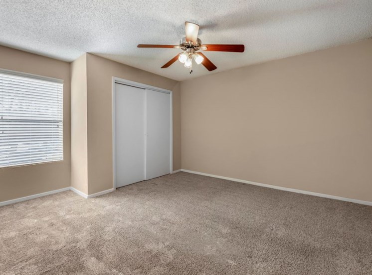 Classic-style Bedroom with warm neutral colored two-tone paint, multi-speed ceiling fan and lighting, and soft carpeted floors.